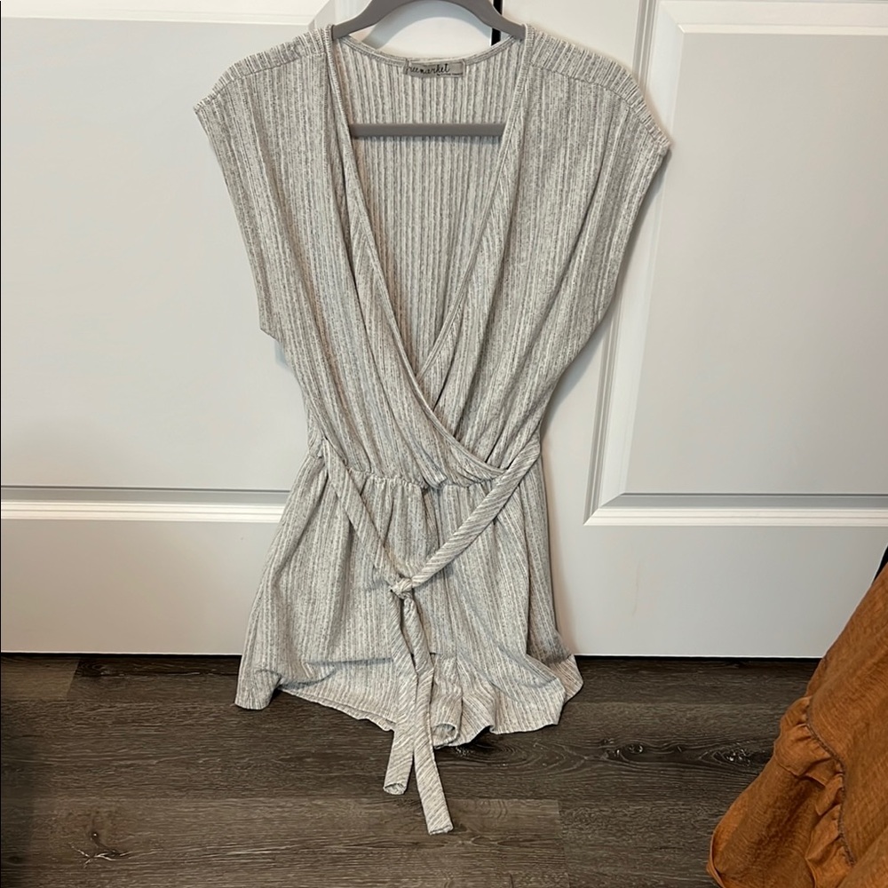 Gray Ribbed Wrap Romper